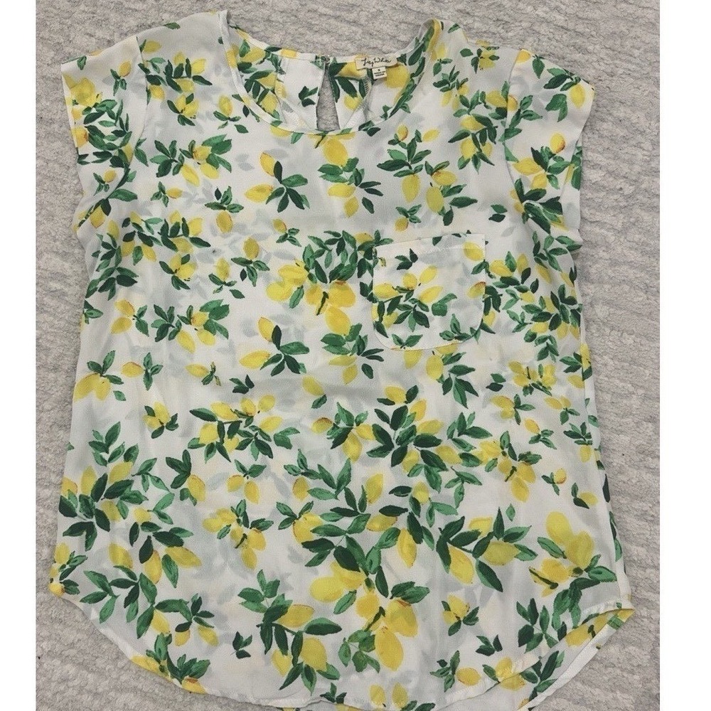 Lily White Womens Top Blouse Lemons Yellow Short Cap Sleeves lightweight Small S